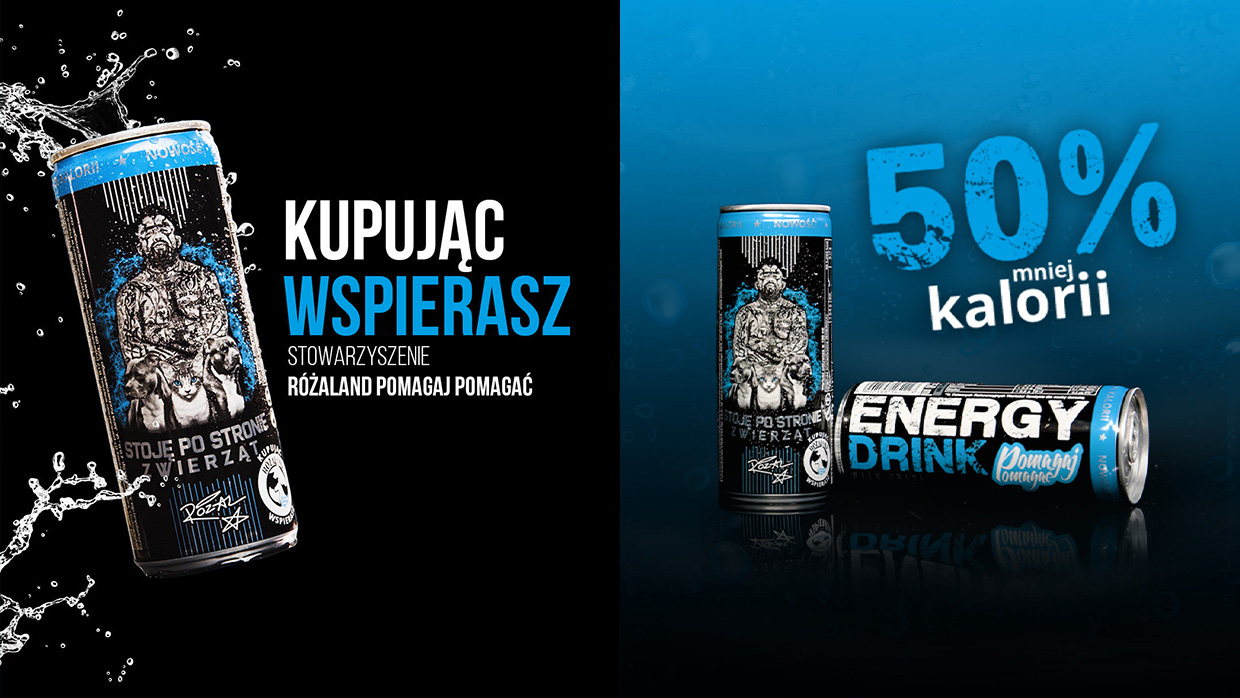 Grafiki reklamowe energetyków dla marki Pomagaj Pomagać